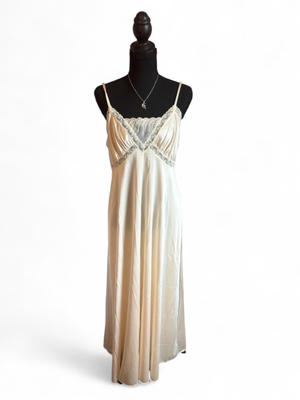 Vintage Jolie Two Silky Lace Trim Off White Long Maxi Slip Dress, Size M